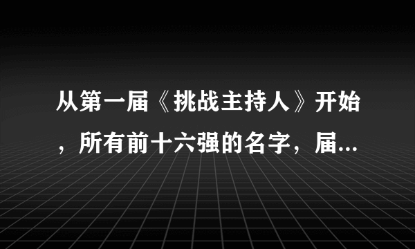 从第一届《挑战主持人》开始，所有前十六强的名字，届数，名次