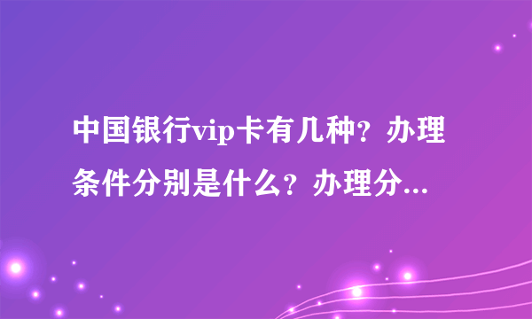 中国银行vip卡有几种？办理条件分别是什么？办理分别要存款多少？