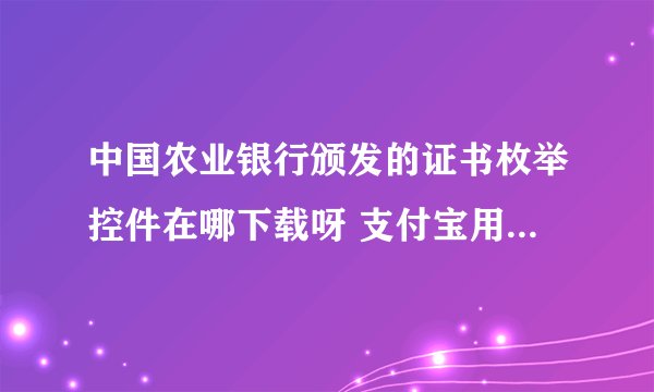 中国农业银行颁发的证书枚举控件在哪下载呀 支付宝用农行的的k宝充值，怎么证书下拉菜单为空 提示是您必须